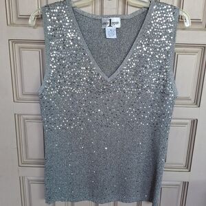 Once Again Silver Sequined Sweater/Vest SzXL Cotton Metallic Sleeveless NWOT